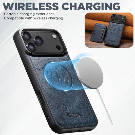 For iPhone 17 Suteni M3 Card Bag MagSafe Cowhide Texture Leather Phone Case(Blue) - iPhone 17 Cases by Suteni | Online Shopping UK | buy2fix