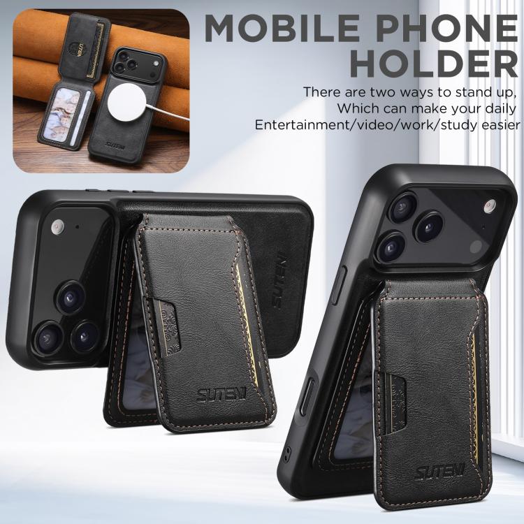 For iPhone 17 Air Suteni M3 Card Bag MagSafe Cowhide Texture Leather Phone Case(Black) - iPhone 17 Air Cases by Suteni | Online Shopping UK | buy2fix
