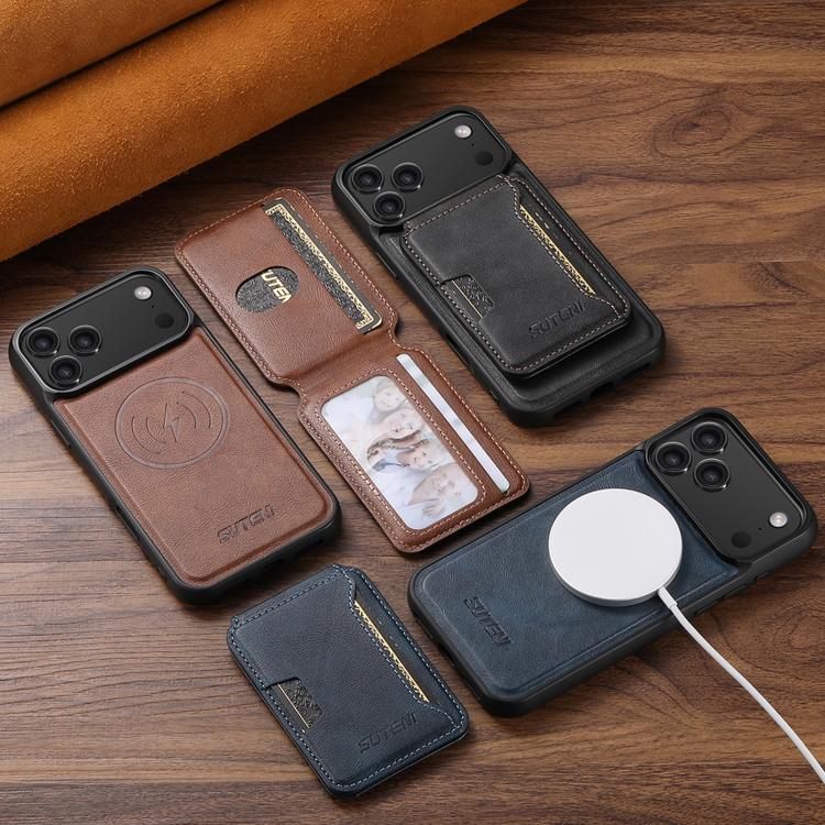 For iPhone 15 Suteni M3 Card Bag MagSafe Cowhide Texture Leather Phone Case(Black) - iPhone 15 Cases by Suteni | Online Shopping UK | buy2fix