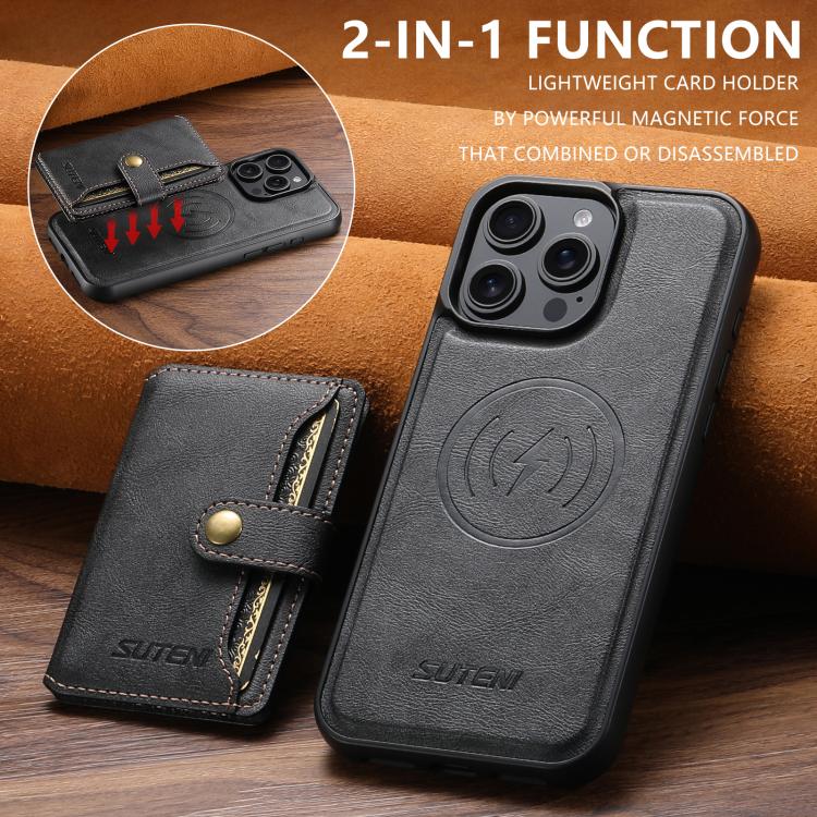 For iPhone 16 Pro Suteni M4 Magnetic Card Bag MagSafe Leather Phone Case(Black) - iPhone 16 Pro Cases by Suteni | Online Shopping UK | buy2fix