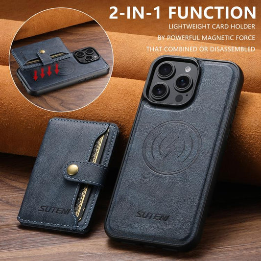 For iPhone 14 Plus Suteni M4 Magnetic Card Bag MagSafe Leather Phone Case(Blue) - iPhone 14 Plus Cases by Suteni | Online Shopping UK | buy2fix