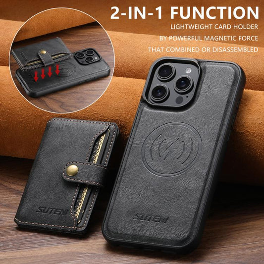 For iPhone 13 Pro Max Suteni M4 Magnetic Card Bag MagSafe Leather Phone Case(Black) - iPhone 13 Pro Max Cases by Suteni | Online Shopping UK | buy2fix