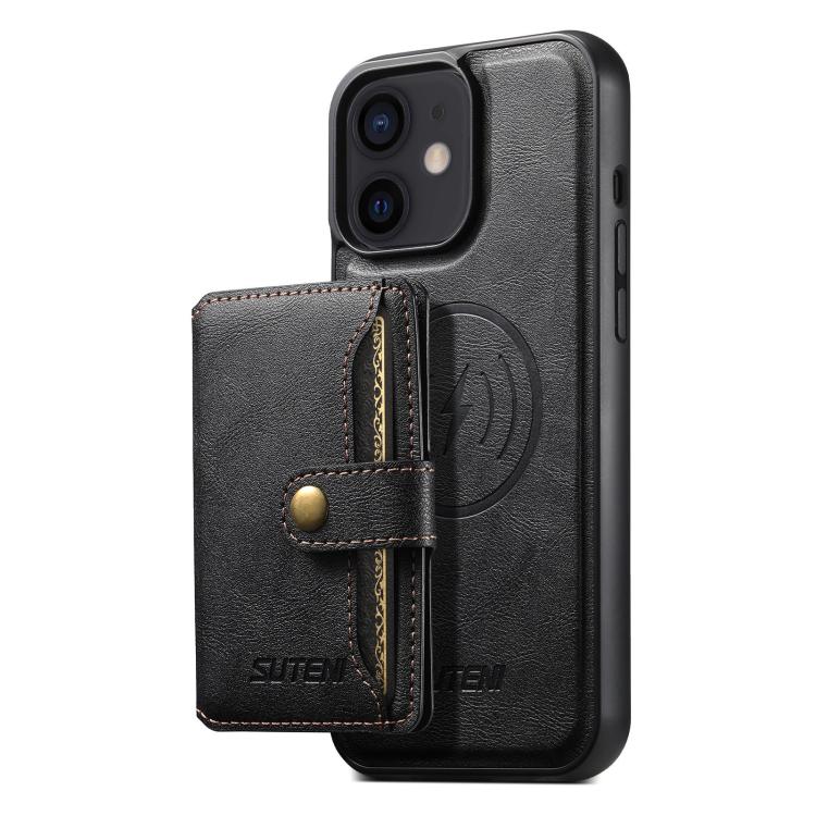 For iPhone 12 Suteni M4 Magnetic Card Bag MagSafe Leather Phone Case(Black) - iPhone 12 / 12 Pro Cases by Suteni | Online Shopping UK | buy2fix