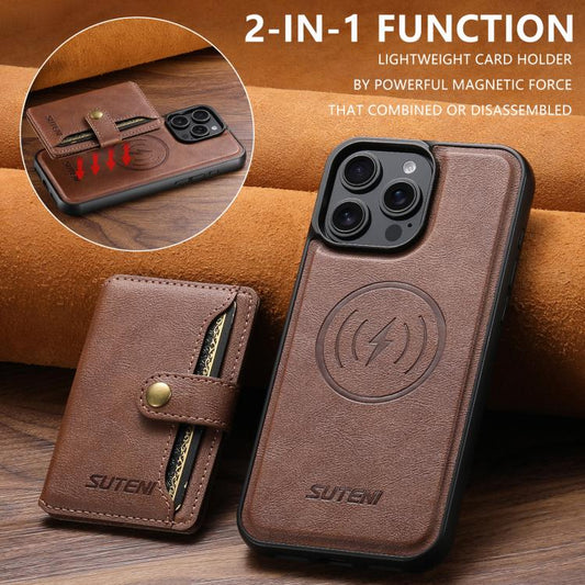 For iPhone 12 Pro Max Suteni M4 Magnetic Card Bag MagSafe Leather Phone Case(Brown) - iPhone 12 Pro Max Cases by Suteni | Online Shopping UK | buy2fix