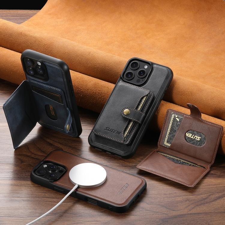 For iPhone 12 Suteni M4 Magnetic Card Bag MagSafe Leather Phone Case(Black) - iPhone 12 / 12 Pro Cases by Suteni | Online Shopping UK | buy2fix