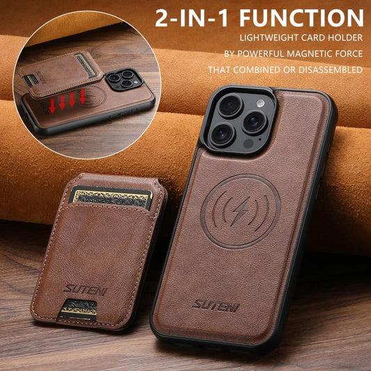 For iPhone 14 Suteni M5 Magnetic Card Bag MagSafe Leather Phone Case(Brown) - iPhone 14 Cases by Suteni | Online Shopping UK | buy2fix