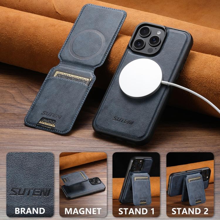 For iPhone 14 Pro Max Suteni M5 Magnetic Card Bag MagSafe Leather Phone Case(Blue) - iPhone 14 Pro Max Cases by Suteni | Online Shopping UK | buy2fix