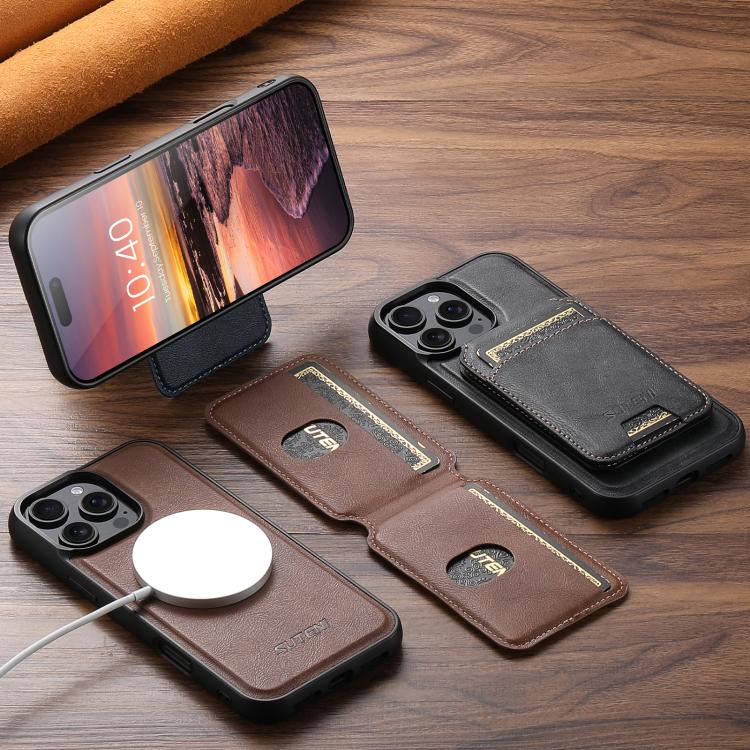 For iPhone 16 Plus Suteni M5 Magnetic Card Bag MagSafe Leather Phone Case(Brown) - iPhone 16 Plus Cases by Suteni | Online Shopping UK | buy2fix
