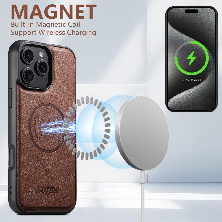 For iPhone 14 Suteni G5 Cowhide Leather MagSafe Magnetic Phone Case(Brown) - iPhone 14 Cases by Suteni | Online Shopping UK | buy2fix