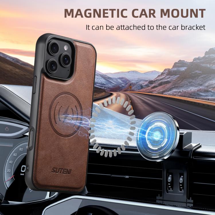 For iPhone 14 Suteni G5 Cowhide Leather MagSafe Magnetic Phone Case(Brown) - iPhone 14 Cases by Suteni | Online Shopping UK | buy2fix