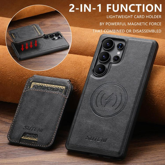 For Samsung Galaxy S22 Ultra 5G Suteni M5 Magnetic Card Bag MagSafe Leather Phone Case(Black) - Galaxy S22 Ultra 5G Cases by Suteni | Online Shopping UK | buy2fix