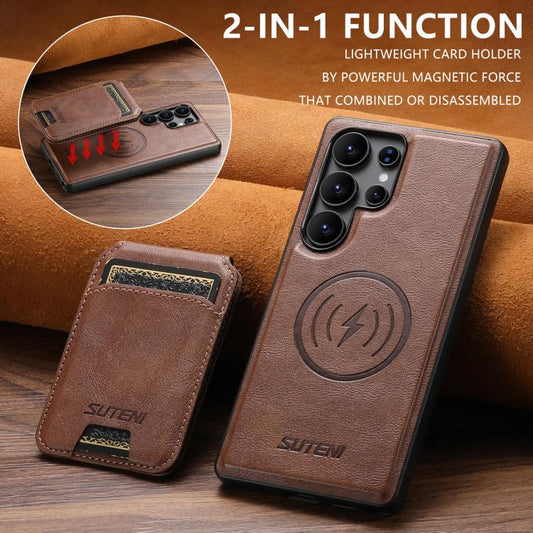 For Samsung Galaxy S22 Ultra 5G Suteni M5 Magnetic Card Bag MagSafe Leather Phone Case(Brown) - Galaxy S22 Ultra 5G Cases by Suteni | Online Shopping UK | buy2fix