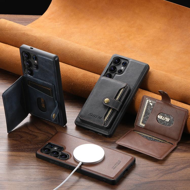 For Samsung Galaxy S25 Ultra 5G Suteni M4 Magnetic Card Bag MagSafe Leather Phone Case(Black) - Galaxy S25 Ultra 5G Cases by Suteni | Online Shopping UK | buy2fix
