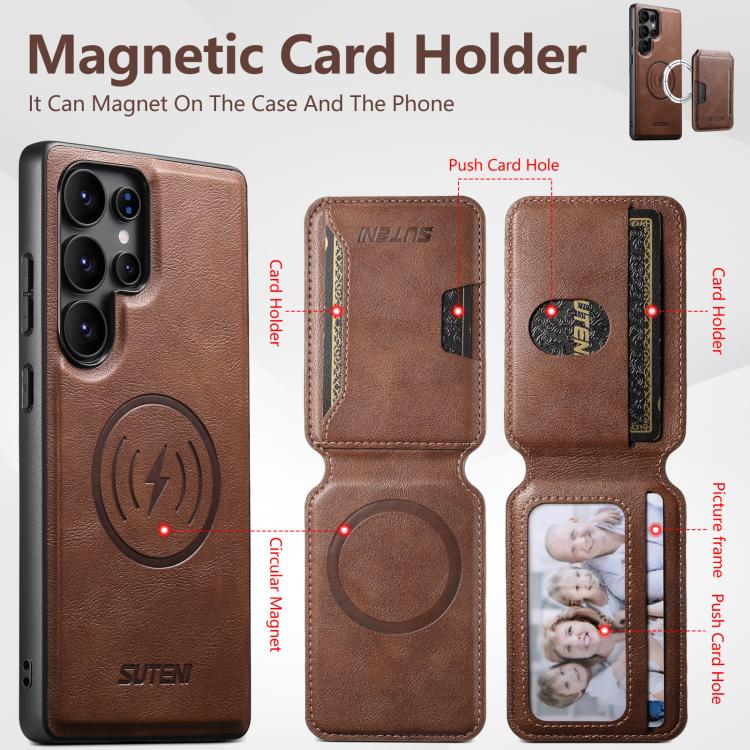 For Samsung Galaxy S24 Ultra 5G Suteni M3 Card Bag MagSafe Cowhide Texture Leather Phone Case(Brown) - Galaxy S24 Ultra 5G Cases by Suteni | Online Shopping UK | buy2fix