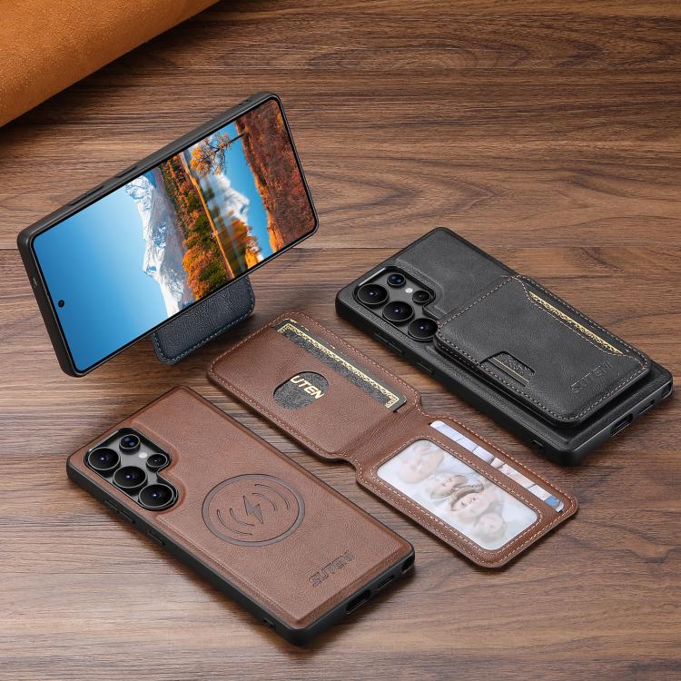 For Samsung Galaxy S24 Ultra 5G Suteni M3 Card Bag MagSafe Cowhide Texture Leather Phone Case(Brown) - Galaxy S24 Ultra 5G Cases by Suteni | Online Shopping UK | buy2fix