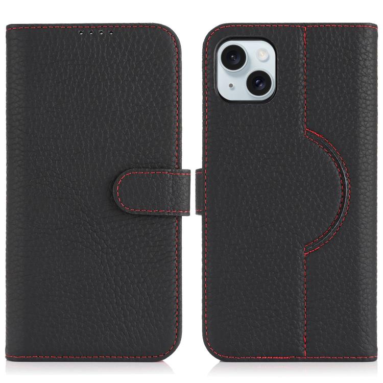 For iPhone 15 Genuine Leather Card Wallet MagSafe Phone Case(Litchi Black) - iPhone 15 Cases by buy2fix | Online Shopping UK | buy2fix