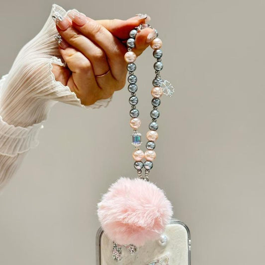 Clover Glass Pearl Big Hairball Mobile Phone Chain(Pink) - Lanyards & Wrist Straps by buy2fix | Online Shopping UK | buy2fix