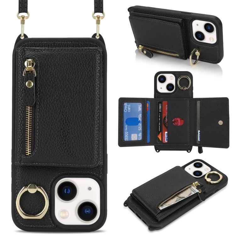 For iPhone 15 Crossbody Zipper Wallet Ring Holder Litchi Leather Phone Case(Black) - iPhone 15 Cases by buy2fix | Online Shopping UK | buy2fix