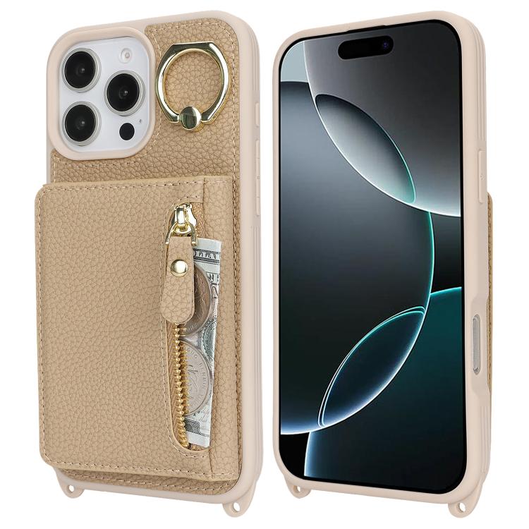 For iPhone 16 Pro Crossbody Zipper Wallet Ring Holder Litchi Leather Phone Case(Rose Gold) - iPhone 16 Pro Cases by buy2fix | Online Shopping UK | buy2fix