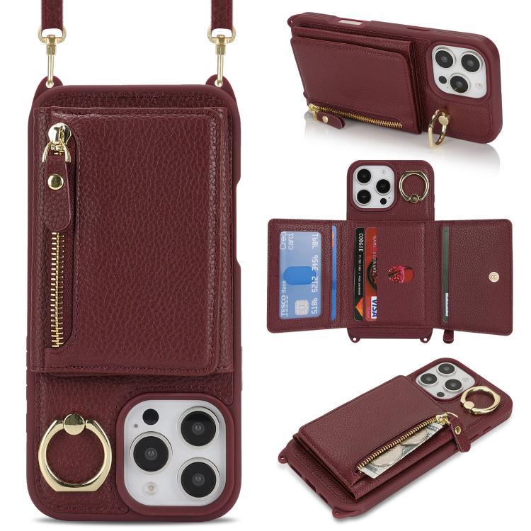 For iPhone 16 Pro Crossbody Zipper Wallet Ring Holder Litchi Leather Phone Case(Red wine) - iPhone 16 Pro Cases by buy2fix | Online Shopping UK | buy2fix