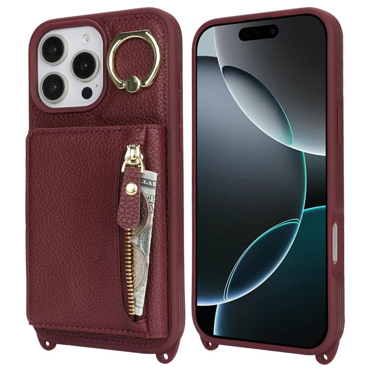 For iPhone 16 Pro Crossbody Zipper Wallet Ring Holder Litchi Leather Phone Case(Red wine) - iPhone 16 Pro Cases by buy2fix | Online Shopping UK | buy2fix