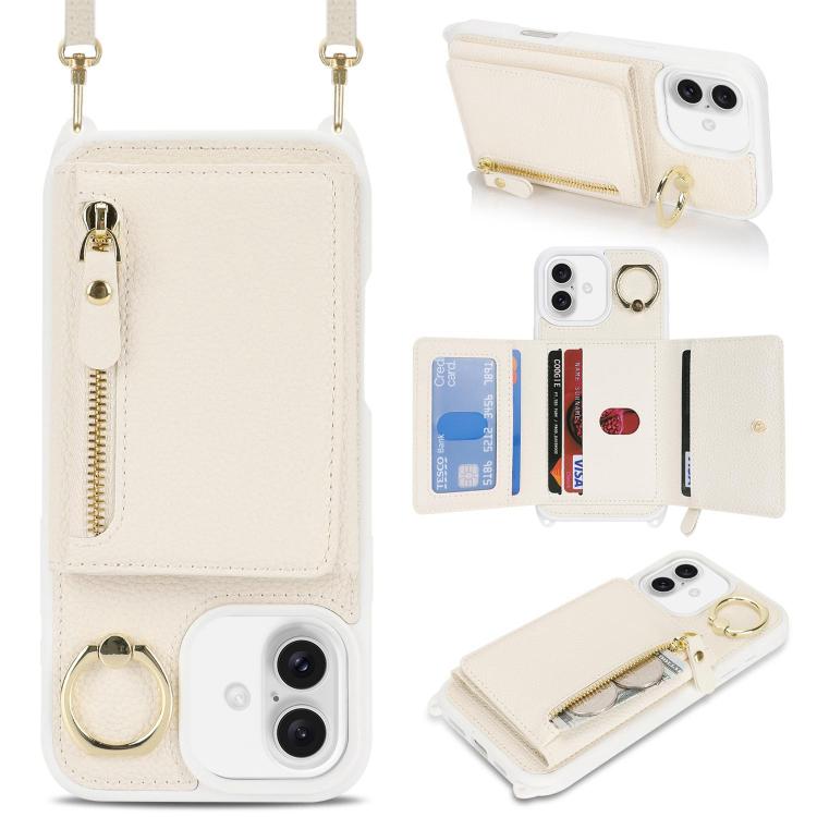 For iPhone 16 Plus Crossbody Zipper Wallet Ring Holder Litchi Leather Phone Case(Apricot) - iPhone 16 Plus Cases by buy2fix | Online Shopping UK | buy2fix
