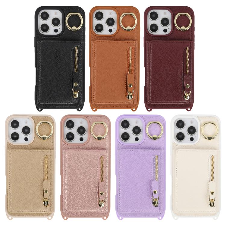 For iPhone 16 Pro Crossbody Zipper Wallet Ring Holder Litchi Leather Phone Case(Apricot) - iPhone 16 Pro Cases by buy2fix | Online Shopping UK | buy2fix
