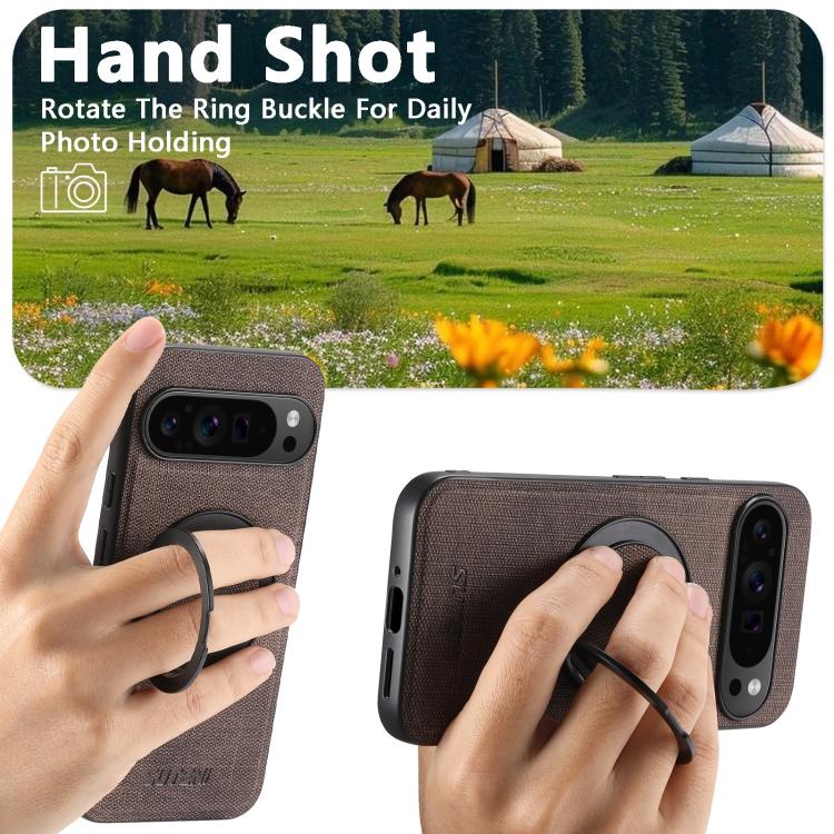 For Google Pixel 10 Pro XL Suteni G3 360 Rotation Holder MagSafe Denim Leather Back Phone Case(Brown) - Google Cases by Suteni | Online Shopping UK | buy2fix