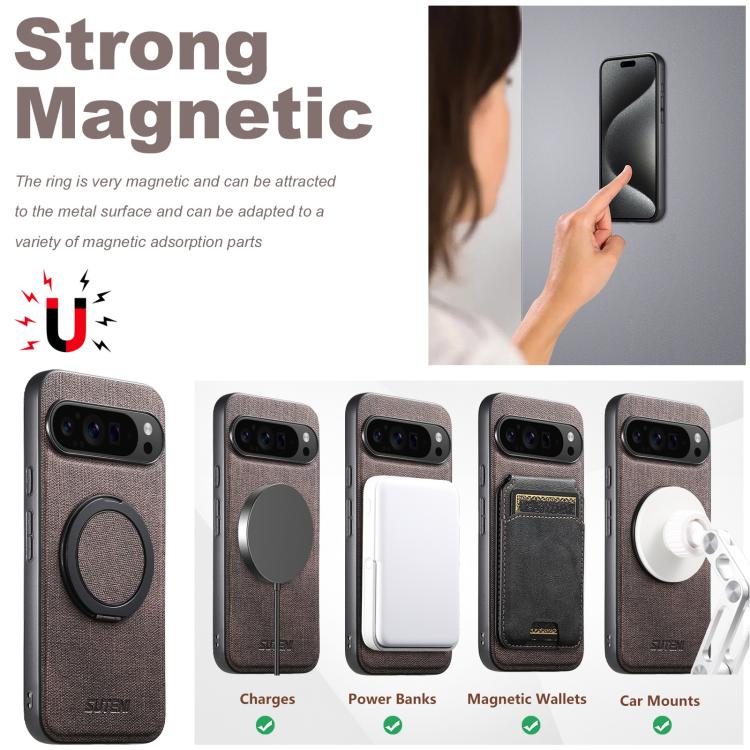 For Google Pixel 10 Pro XL Suteni G3 360 Rotation Holder MagSafe Denim Leather Back Phone Case(Brown) - Google Cases by Suteni | Online Shopping UK | buy2fix