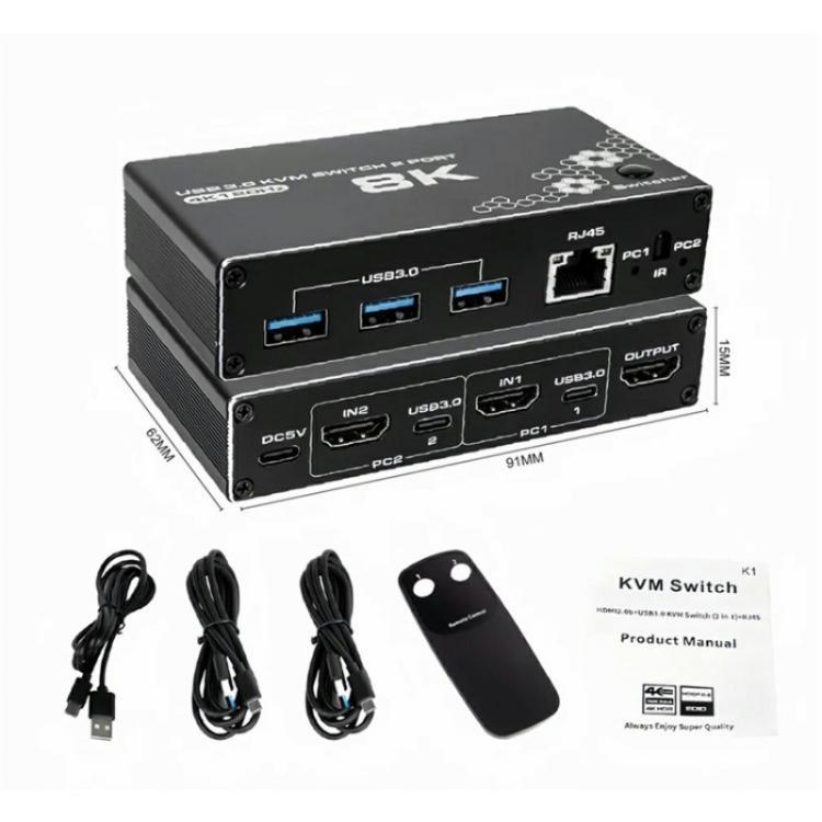 K1 2 Ports HDCP 2.3 RJ45 USB 3.0 Hubs Adapter 4K 120Hz HDMI 2.0b USB-C KVM Switch(Black) - Switch by buy2fix | Online Shopping UK | buy2fix