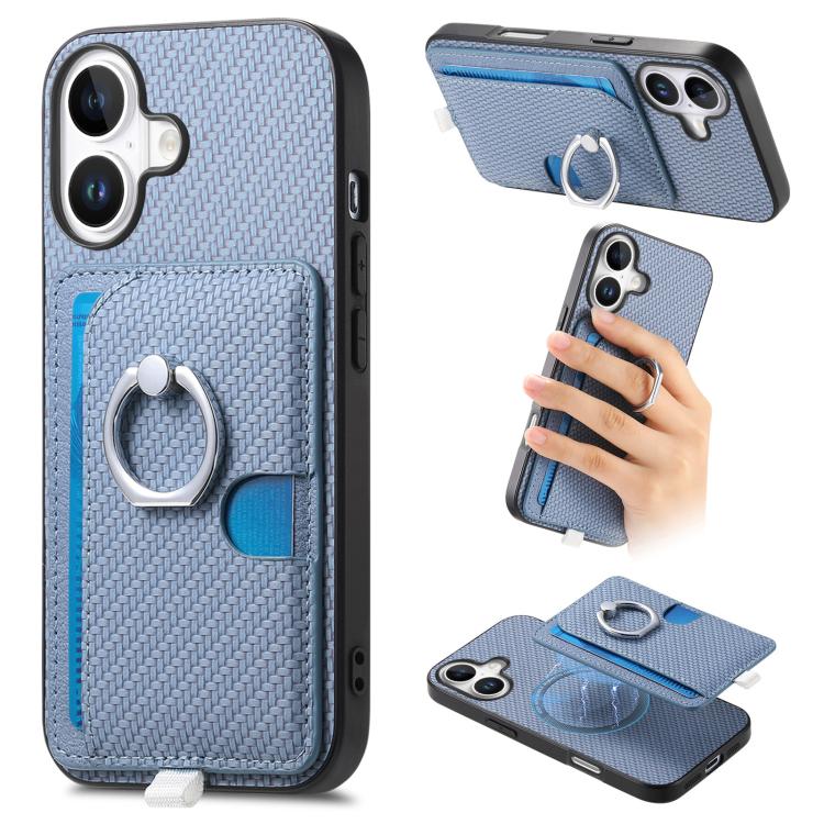 For iPhone 17 Carbon Fiber Ring Side Insert Card Bag MagSafe Phone Case(Blue) - iPhone 17 Cases by buy2fix | Online Shopping UK | buy2fix