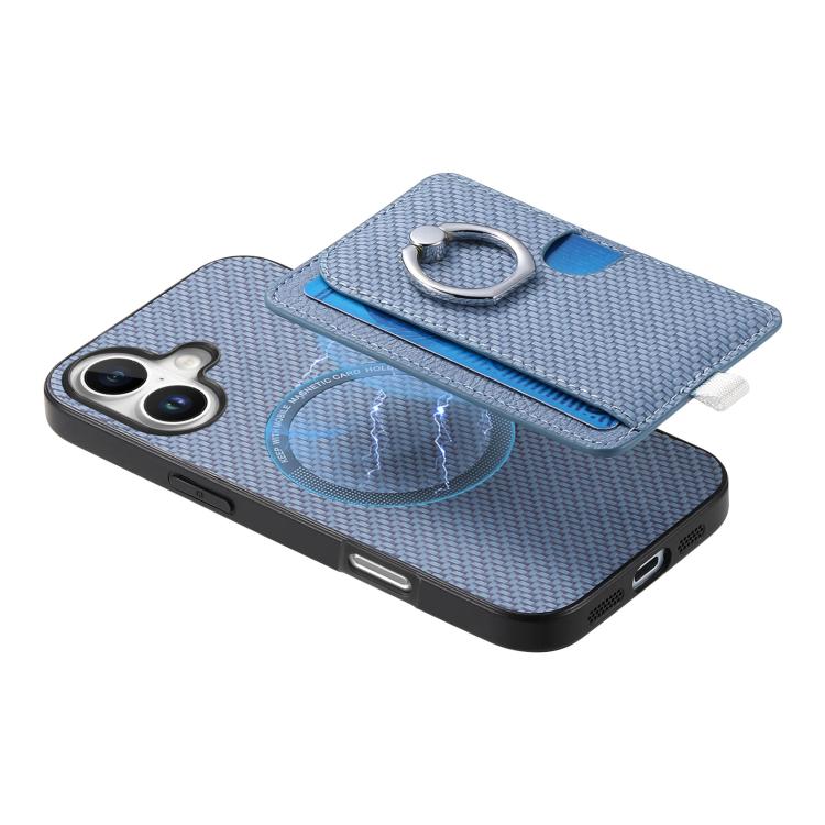 For iPhone 17 Carbon Fiber Ring Side Insert Card Bag MagSafe Phone Case(Blue) - iPhone 17 Cases by buy2fix | Online Shopping UK | buy2fix