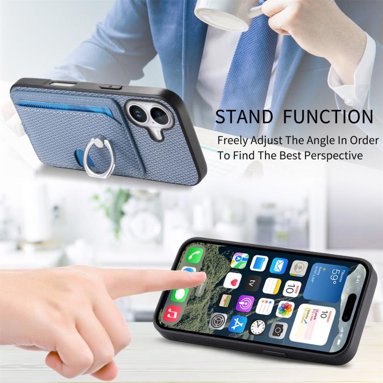 For iPhone 17 Carbon Fiber Ring Side Insert Card Bag MagSafe Phone Case(Blue) - iPhone 17 Cases by buy2fix | Online Shopping UK | buy2fix