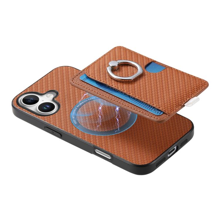 For iPhone 17 Carbon Fiber Ring Side Insert Card Bag MagSafe Phone Case(Brown) - iPhone 17 Cases by buy2fix | Online Shopping UK | buy2fix