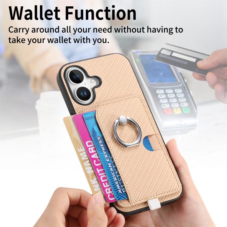 For iPhone 17 Carbon Fiber Ring Side Insert Card Bag MagSafe Phone Case(Khaki) - iPhone 17 Cases by buy2fix | Online Shopping UK | buy2fix