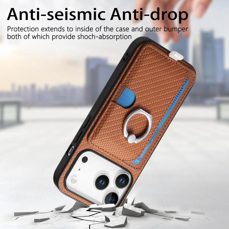 For iPhone 17 Pro Max Carbon Fiber Ring Side Insert Card Bag MagSafe Phone Case(Brown) - iPhone 17 Pro Max Cases by buy2fix | Online Shopping UK | buy2fix