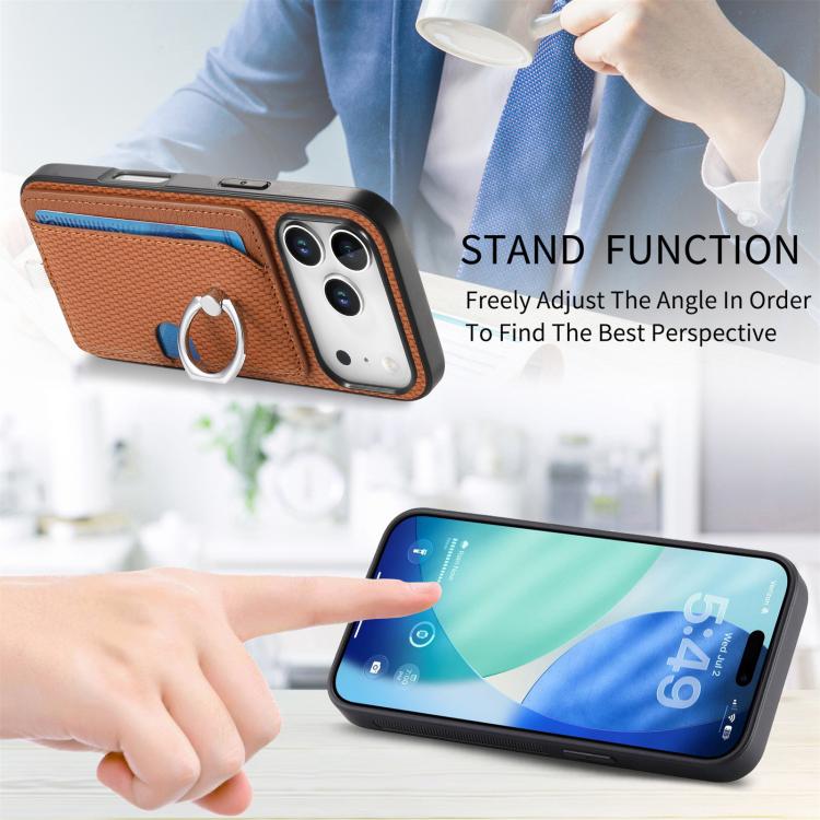 For iPhone 17 Pro Max Carbon Fiber Ring Side Insert Card Bag MagSafe Phone Case(Brown) - iPhone 17 Pro Max Cases by buy2fix | Online Shopping UK | buy2fix