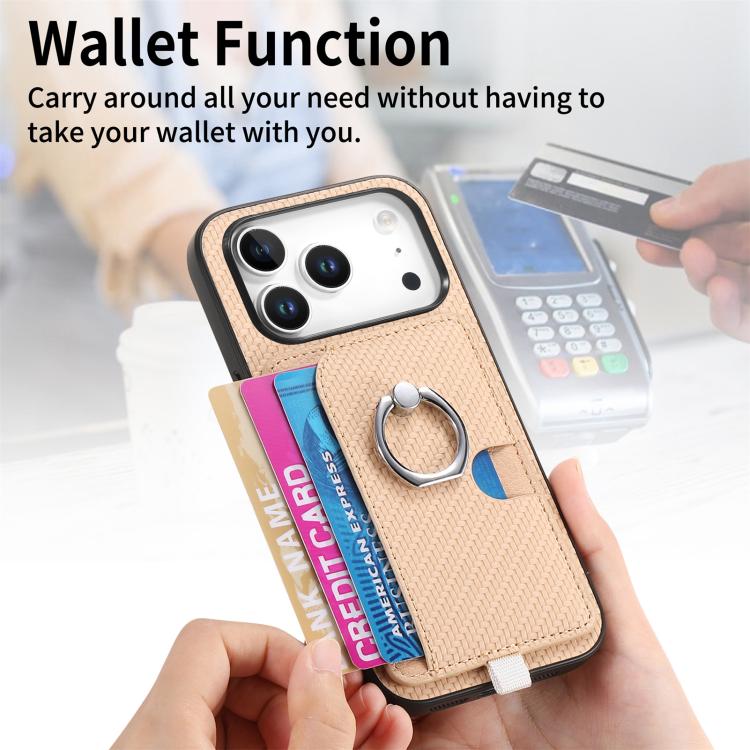 For iPhone 17 Pro Max Carbon Fiber Ring Side Insert Card Bag MagSafe Phone Case(Khaki) - iPhone 17 Pro Max Cases by buy2fix | Online Shopping UK | buy2fix