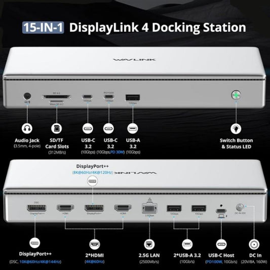 WAVLINK WL-UG75PD1-DH2 USB-C / Type-C Displaylink DL7400 Docking Station Support Quad Display(US Plug) - by WAVLINK | Online Shopping UK | buy2fix