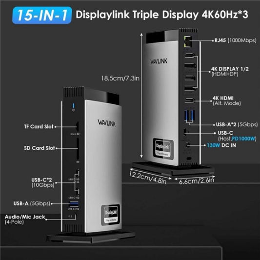 WAVLINK WL-UG69PD13Pro DisplayLink Docking Station 15 in 1 USB-C Hub for MacBook Laptop(UK Plug) - by WAVLINK | Online Shopping UK | buy2fix