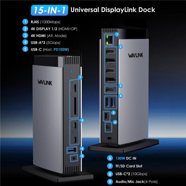WAVLINK WL-UG69PD13Pro DisplayLink Docking Station 15 in 1 USB-C Hub for MacBook Laptop(UK Plug) - by WAVLINK | Online Shopping UK | buy2fix