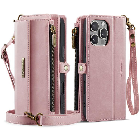 For iPhone 16 Pro CaseMe C39 RFID Blocking Zipper Wallet Leather Phone Case with Crossbody Strap(Pink) - iPhone 16 Pro Cases by CaseMe | Online Shopping UK | buy2fix