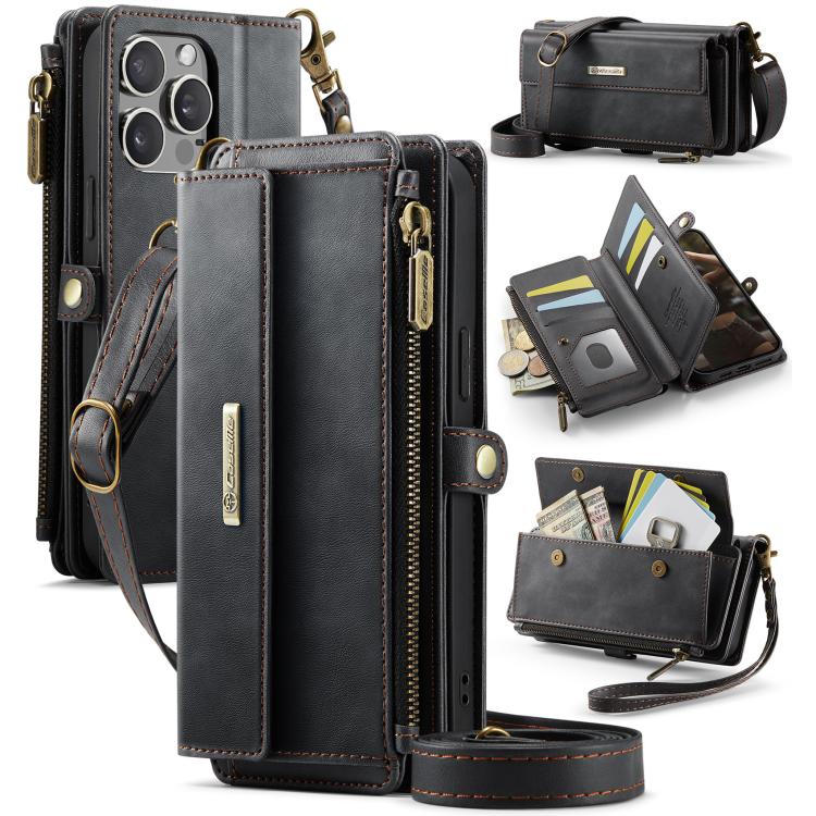 For iPhone 15 Pro CaseMe C39 RFID Blocking Zipper Wallet Leather Phone Case with Crossbody Strap(Black) - iPhone 15 Pro Cases by CaseMe | Online Shopping UK | buy2fix