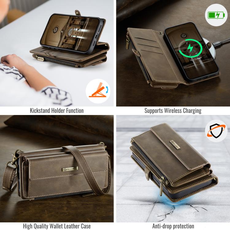 For iPhone 15 CaseMe C39 RFID Blocking Zipper Wallet Leather Phone Case with Crossbody Strap(Coffee) - iPhone 15 Cases by CaseMe | Online Shopping UK | buy2fix