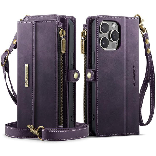For iPhone 14 Pro CaseMe C39 RFID Blocking Zipper Wallet Leather Phone Case with Crossbody Strap(Purple) - More iPhone Cases by CaseMe | Online Shopping UK | buy2fix