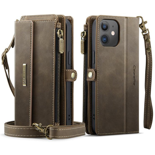 For iPhone 12 mini CaseMe C39 RFID Blocking Zipper Wallet Leather Phone Case with Crossbody Strap(Coffee) - iPhone 12 mini Cases by CaseMe | Online Shopping UK | buy2fix