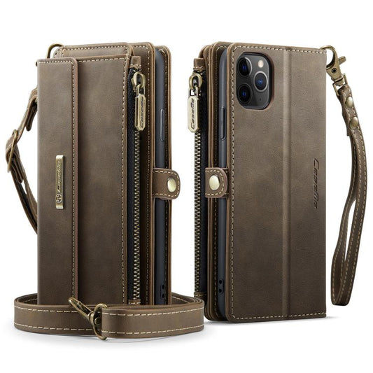 For iPhone 11 Pro Max CaseMe C39 RFID Blocking Zipper Wallet Leather Phone Case with Crossbody Strap(Coffee) - iPhone 11 Pro Max Cases by CaseMe | Online Shopping UK | buy2fix