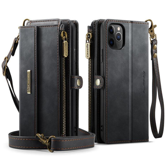 For iPhone 11 Pro CaseMe C39 RFID Blocking Zipper Wallet Leather Phone Case with Crossbody Strap(Black) - iPhone 11 Pro Cases by CaseMe | Online Shopping UK | buy2fix