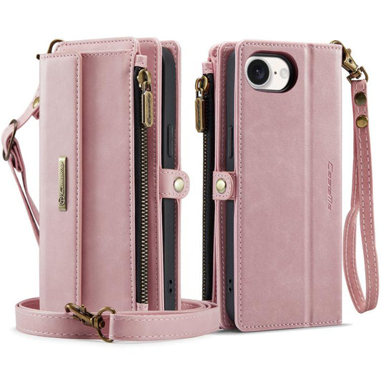 For iPhone 16e CaseMe C39 RFID Blocking Zipper Wallet Leather Phone Case with Crossbody Strap(Pink) - iPhone 16e Cases by CaseMe | Online Shopping UK | buy2fix