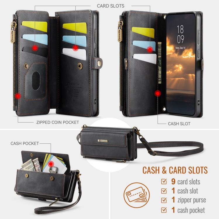 For Samsung Galaxy S24 FE 5G CaseMe C39 RFID Blocking Zipper Wallet Leather Phone Case with Crossbody Strap(Black) - Galaxy S24 FE 5G Cases by CaseMe | Online Shopping UK | buy2fix